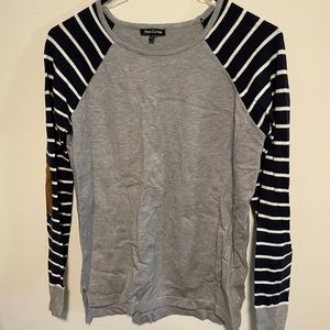 Pink Clover Gray Sweater with Navy & White Stripped Sleeves